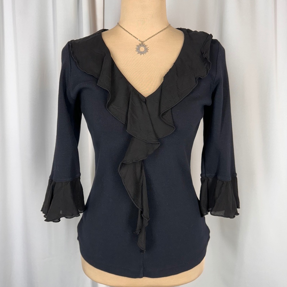 Barbara‎ Lesser Fibers Black Ruffle V-Neck Cotton Top 3/4 Bell Sleeve Small